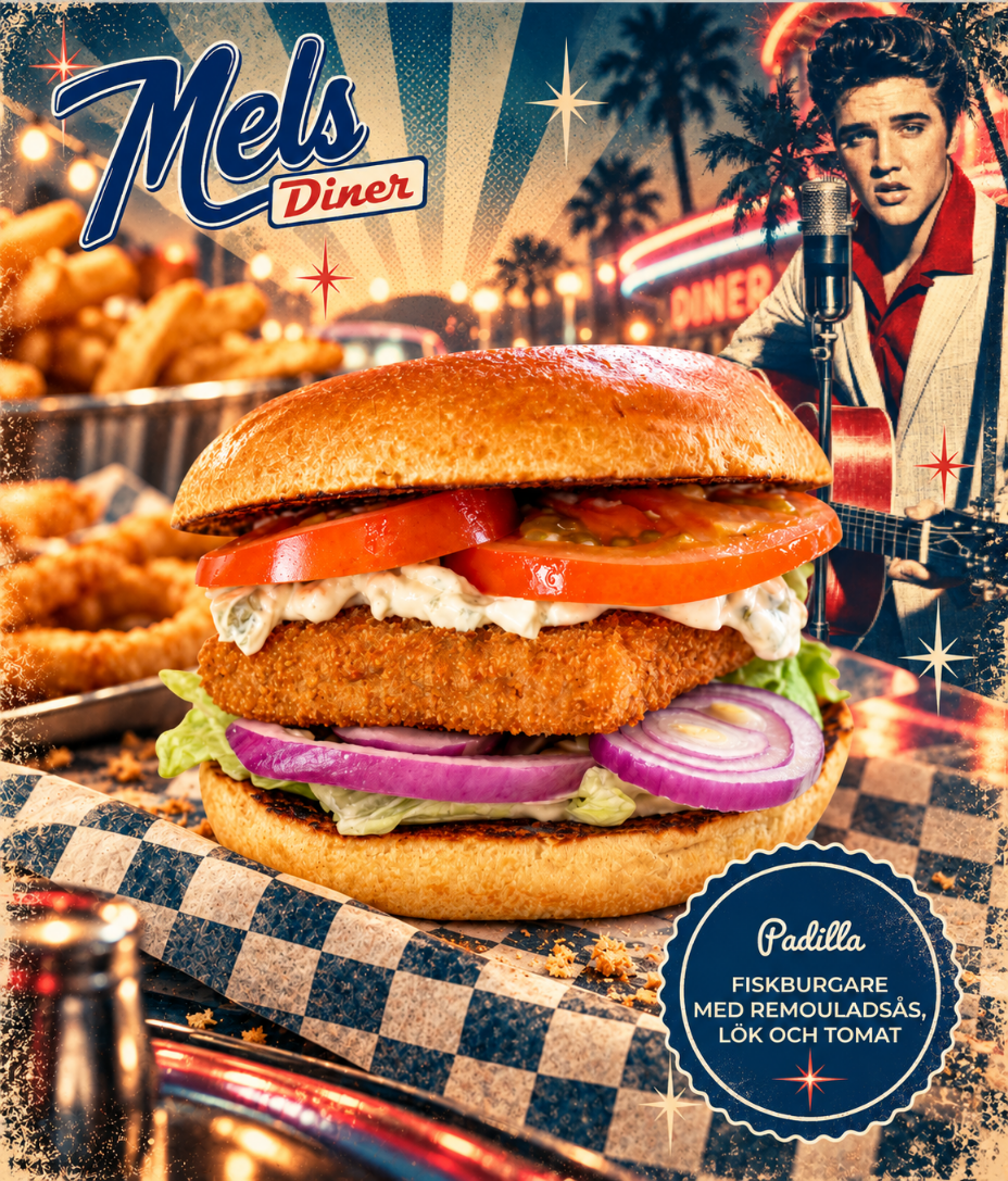 Padilla fiskburgare med Mel’s Diner-logotyp och retroillustration